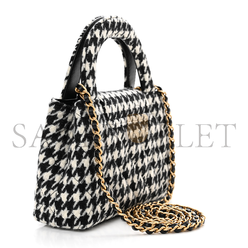 CHANEL MASTER TWEED HOUNDSTOOTH QUILTED NANO KELLY SHOPPER BLACK WHITE AS4416 (19*13*7cm)
